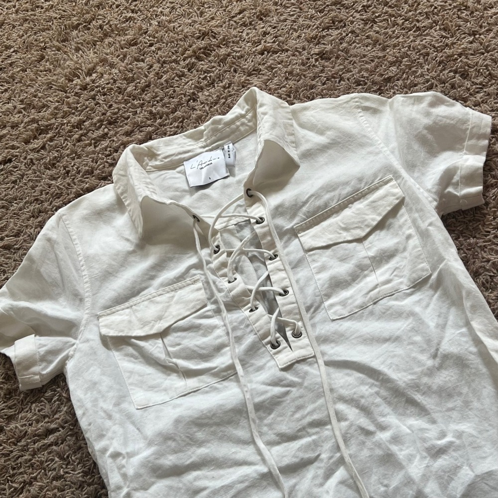 L'Academie Los Angeles White Linen Lace Up Front Short Sleeve Mini Dress Small
